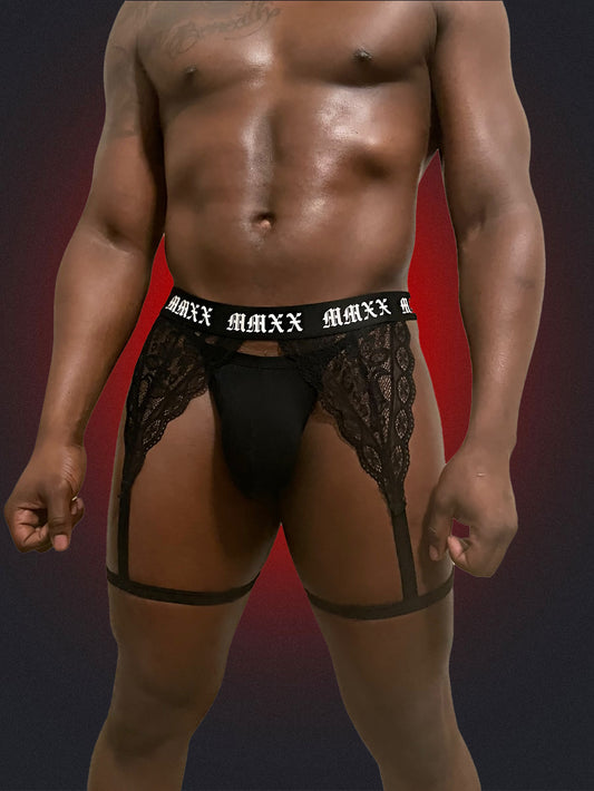 Bad Boy Lace Garter Thong Set (Noir) Black